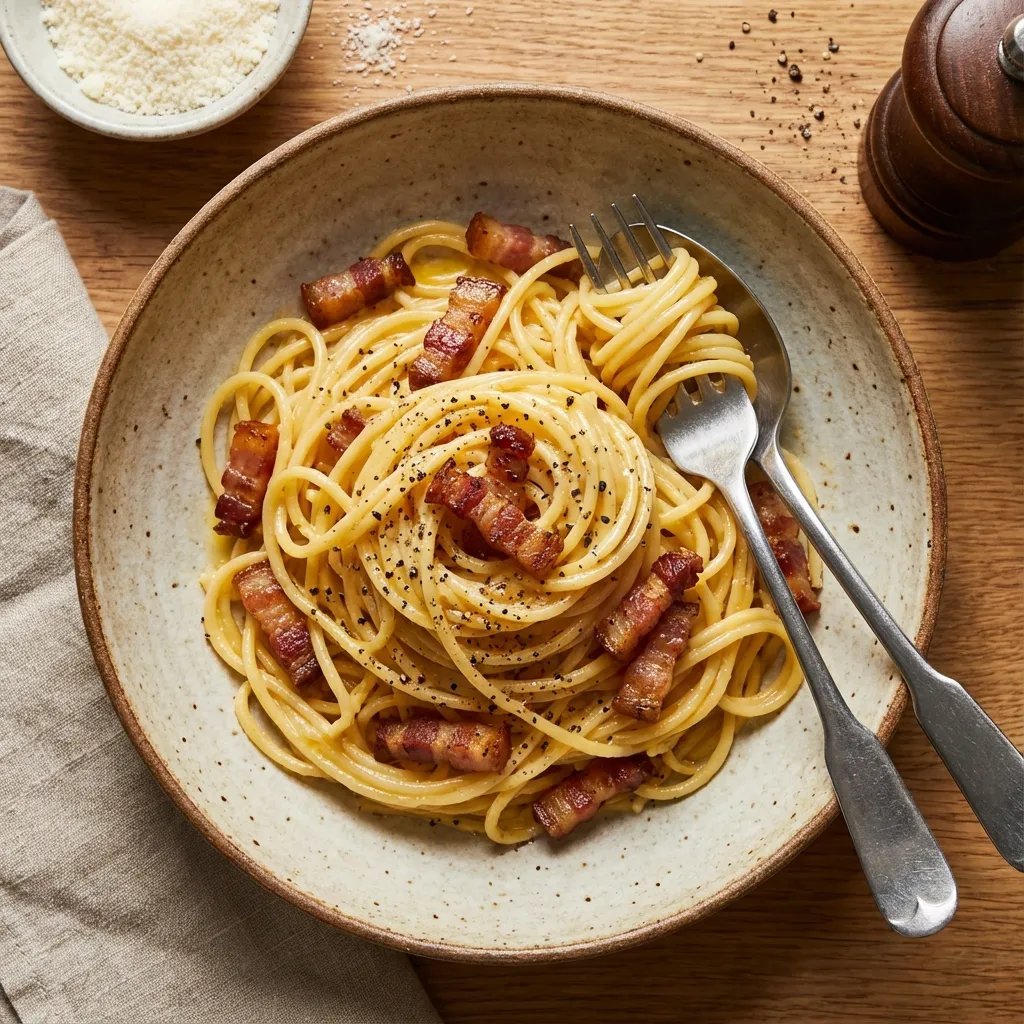 Classic spaghetti carbonara in a shallow bowl, coated in silky egg and Pecorino Romano sauce, finished with cracked black pepper