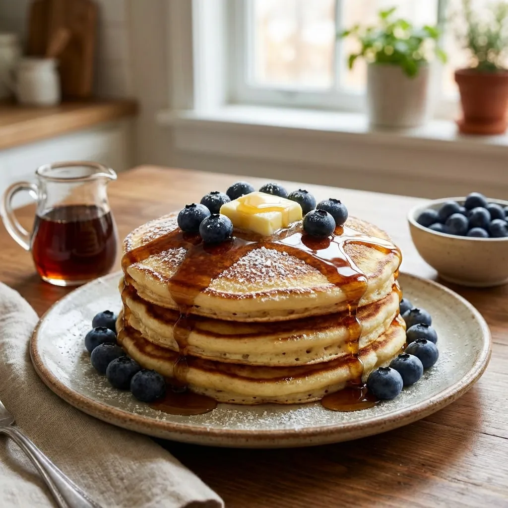 Fluffy Buttermilk Pancakes with Blueberry and Maple Syrup